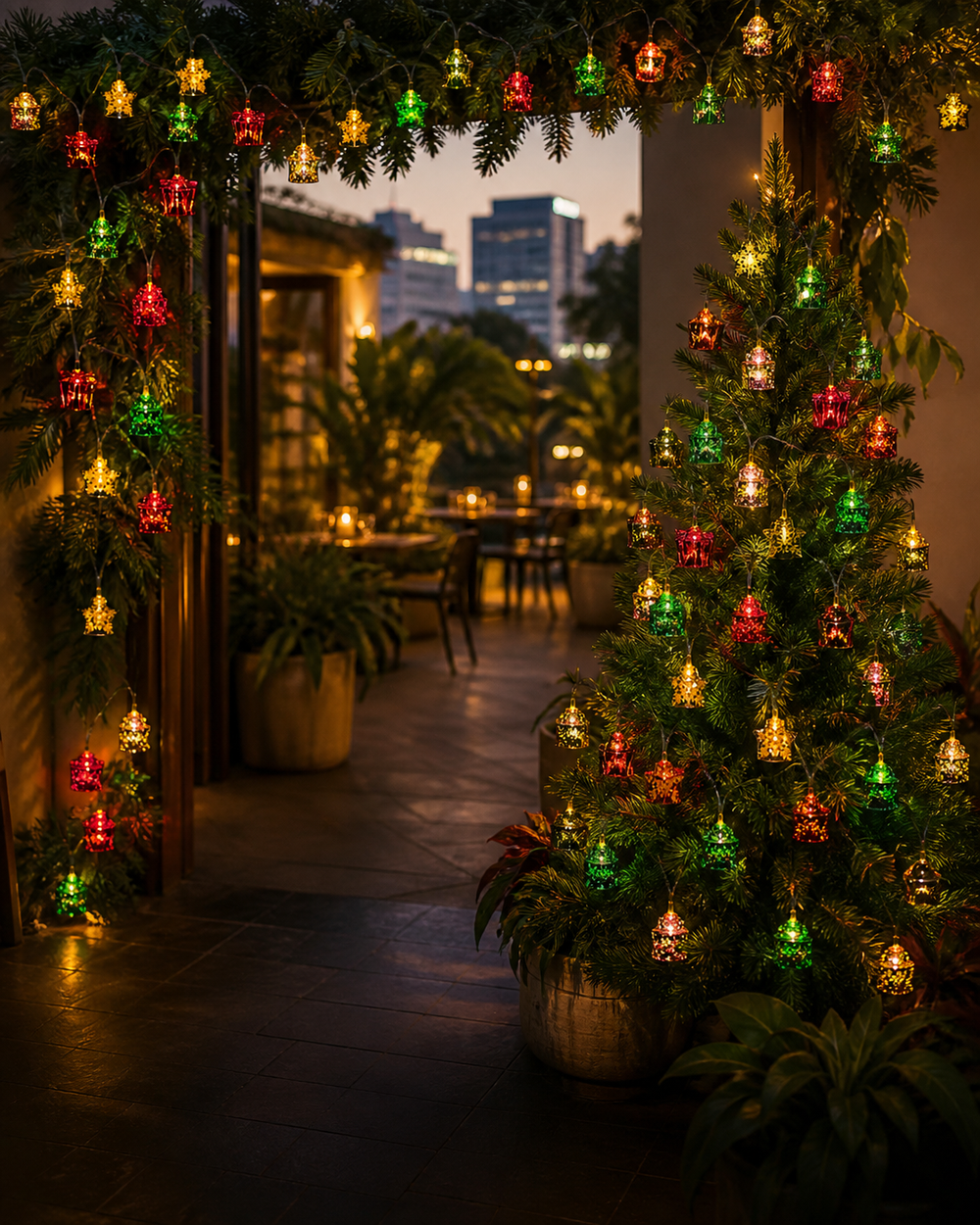 Seasonal decorative lighting in a festive venue display
