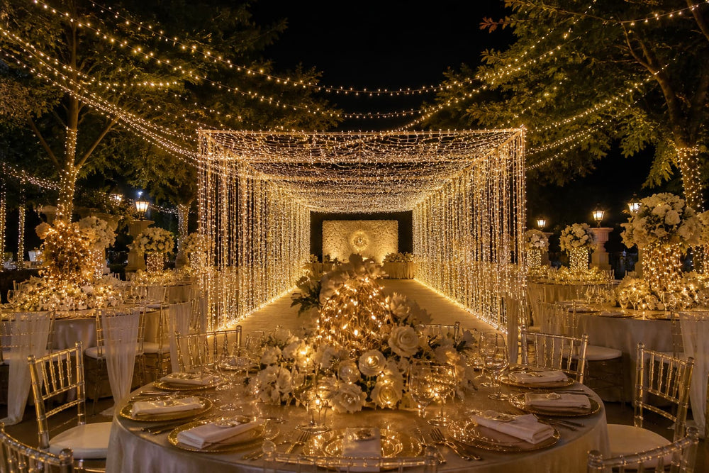 LED curtain lights used as a wedding backdrop