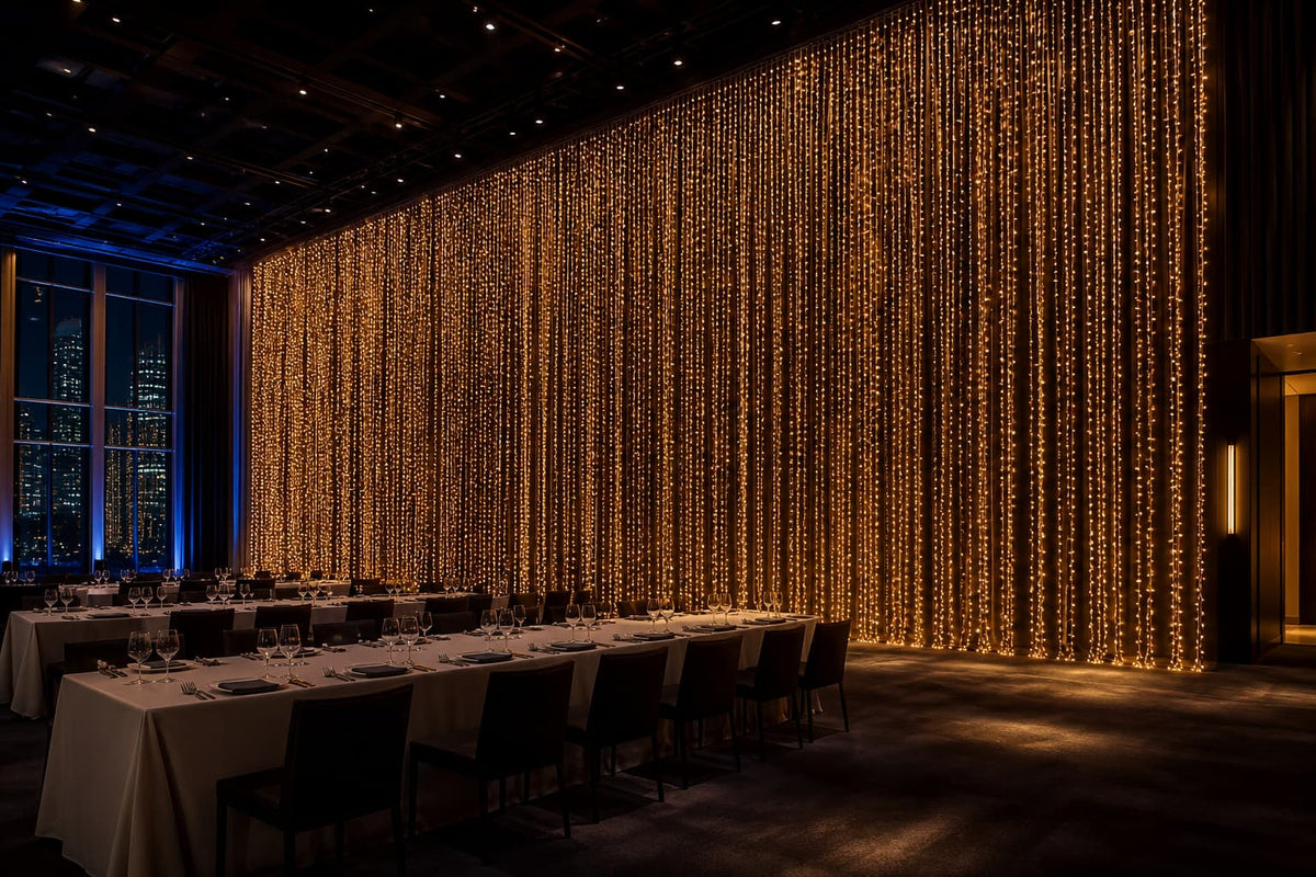 Warm white LED curtain lights at a wedding venue